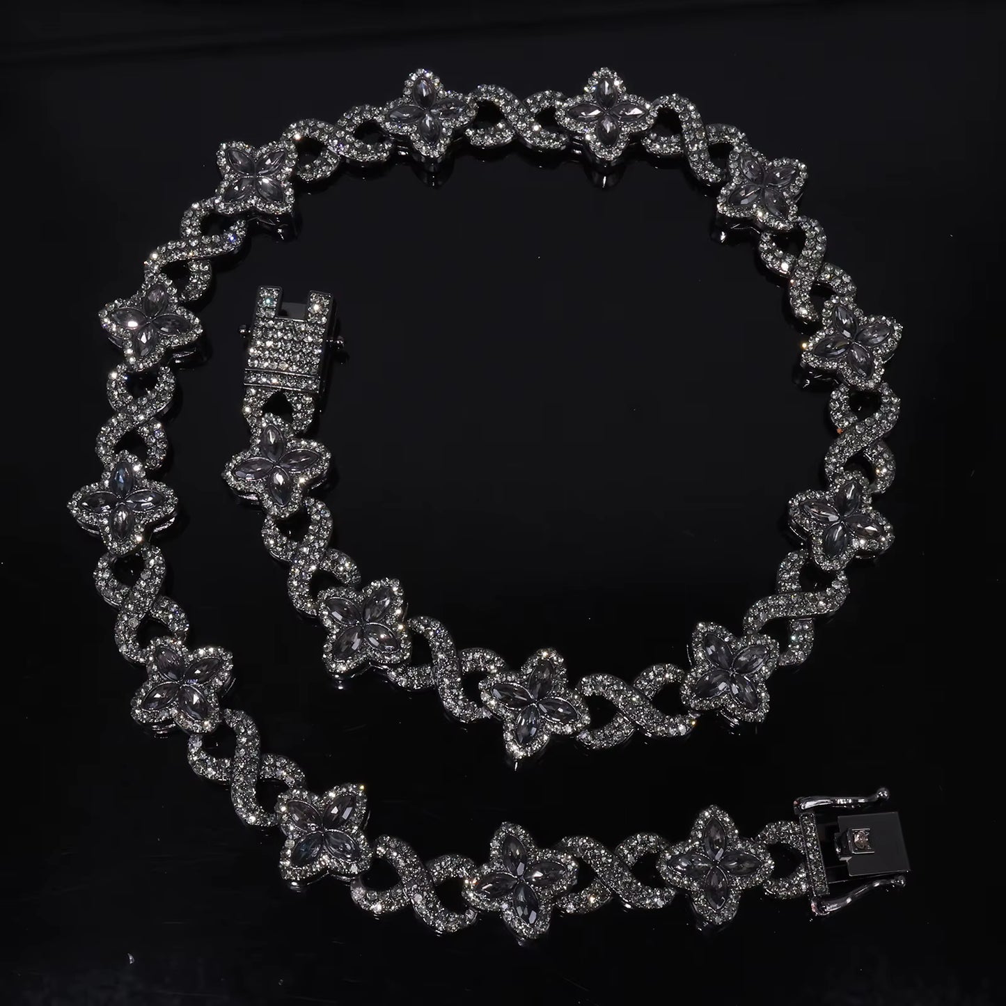 Cuban Chain Four Leaf Clover Charm Necklace and Bracelet Set