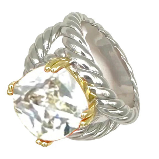 Two-Tone Ring with Clear Stone, Size 10
