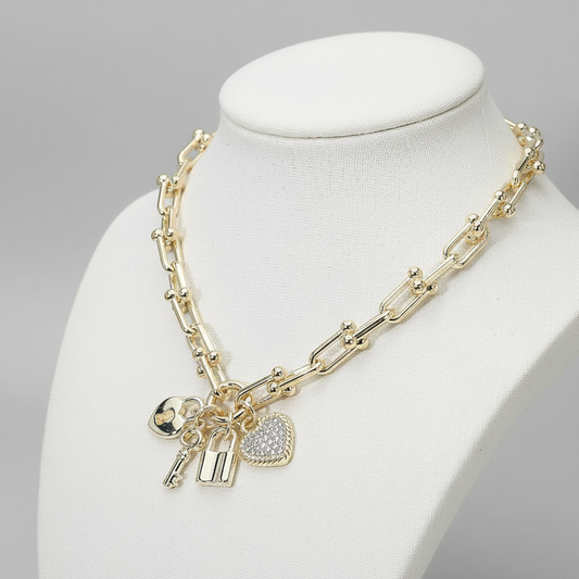 14K Gold Plated Charm Necklace, Lock/Key/Heart Pendant, Gold