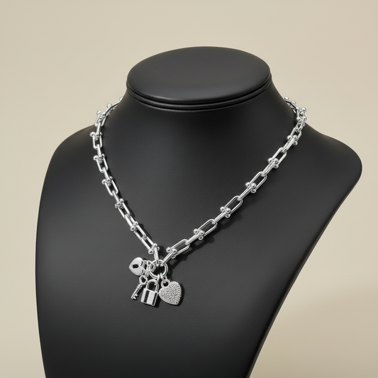 14K Gold Plated Charm Necklace, Lock/Key/Heart Pendant, Rhodium