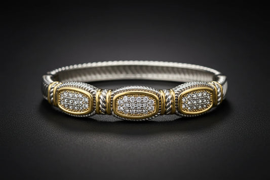 14K Gold Plated CZ Stone Two Tone Bangle Bracelet