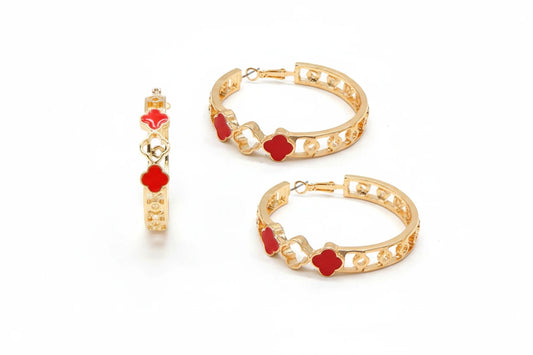 Clover Hoop Earrings, Red/Gold