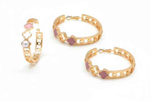 Clover Hoop Earrings, Gold/Pink