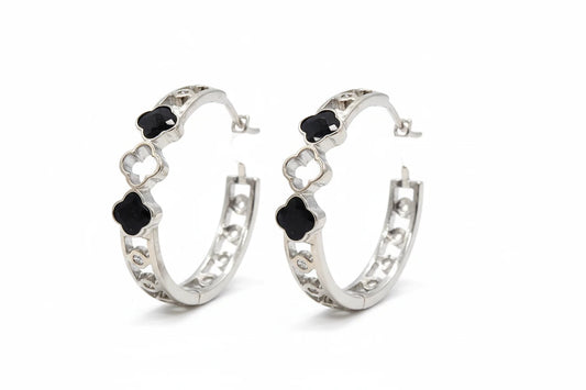 Clover Hoop Earrings, Black/Silver