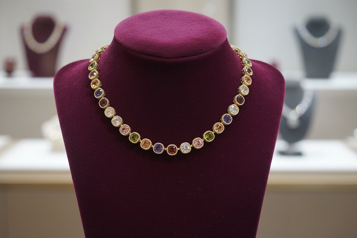 14K Gold Plated Multi Color CZ Stones Short Necklace