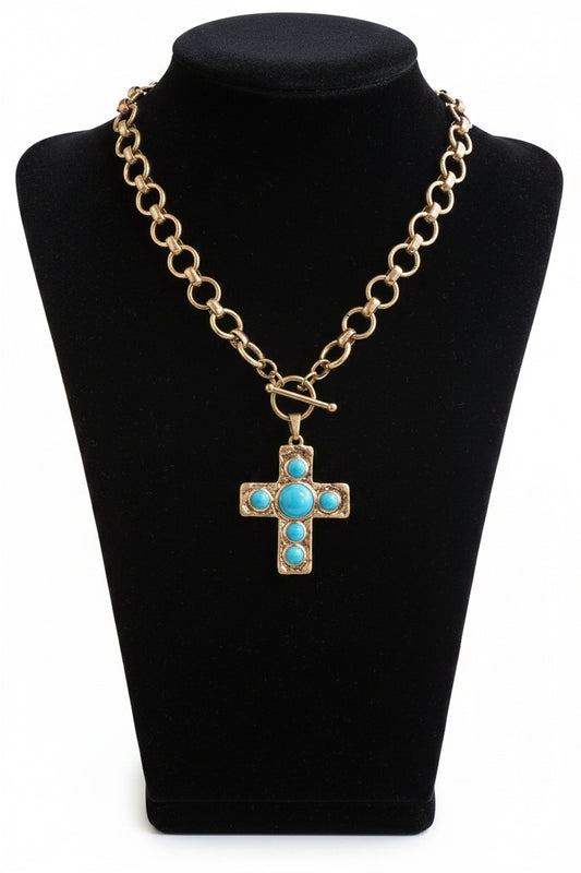 Turquoise Stones Cross Pendant Toggle Necklace