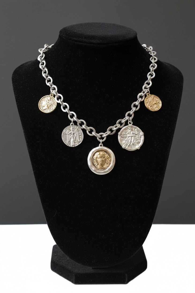Coin Charm Necklace, Silver