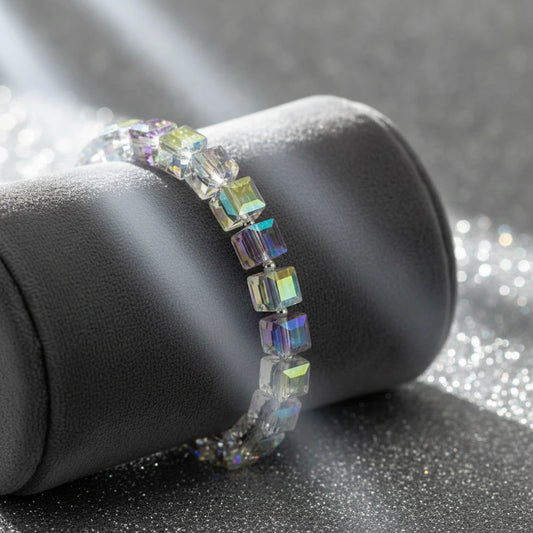 Cube Silver Green AB Gemstone Stretch Bracelet