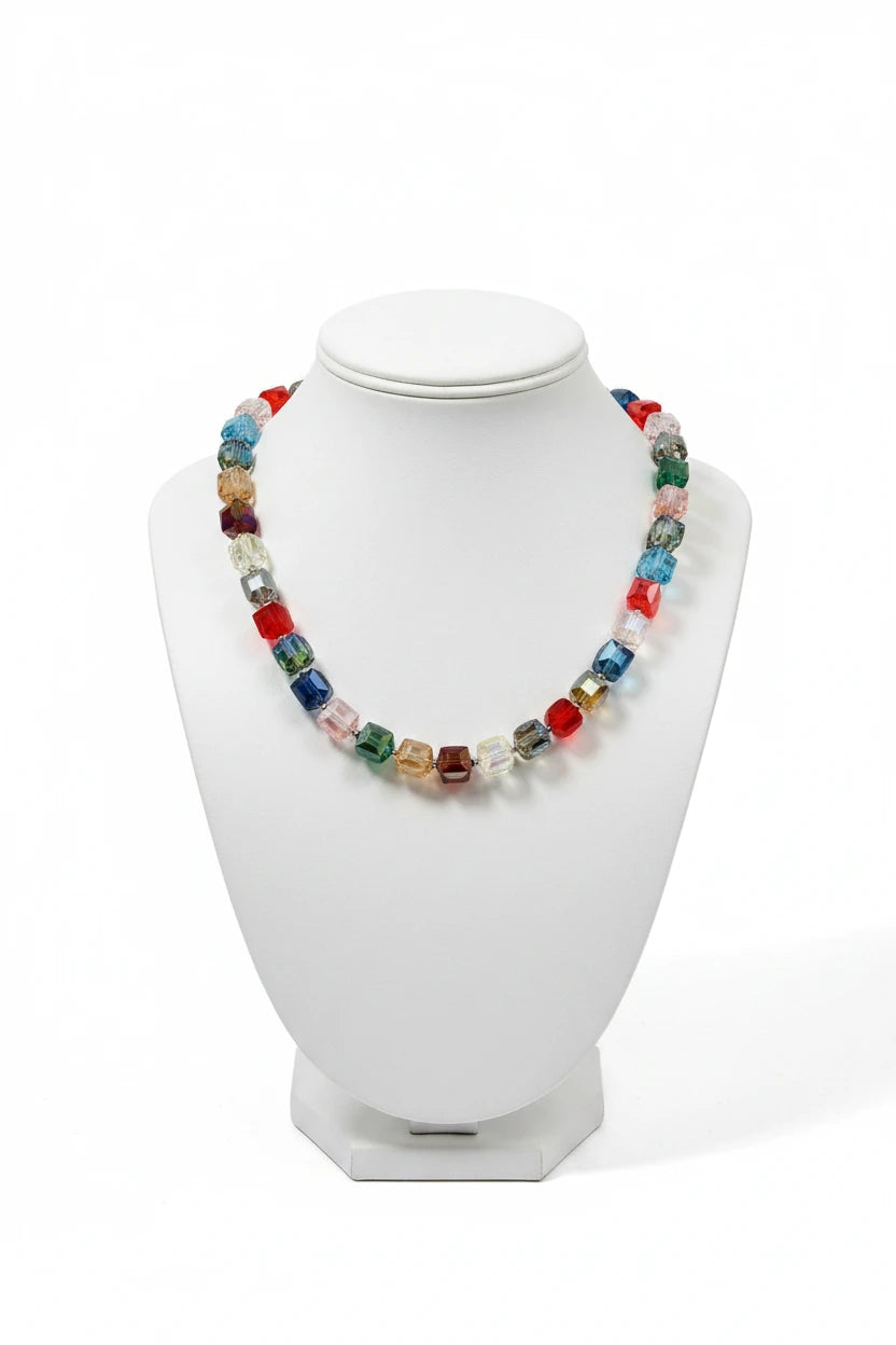 Cube Silver Multi Gemstone Stretch Necklace