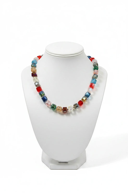 Cube Silver Multi Gemstone Stretch Necklace