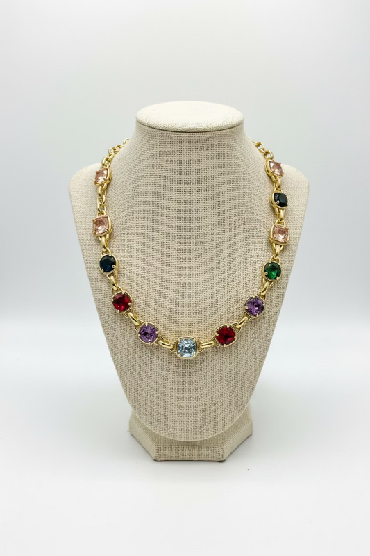 14K Gold Plated Multi CZ Stone Link Necklace