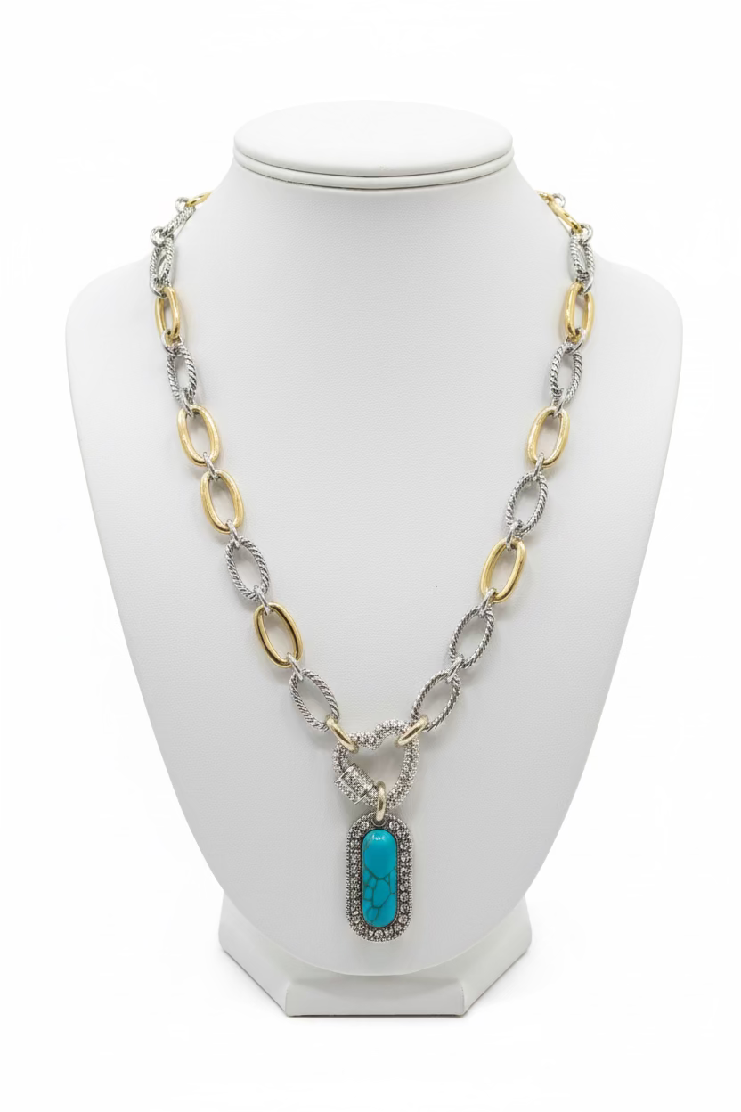 14K Gold Plated Pave’ Paved Stones Heart and Tag Pendant Necklace, Turq