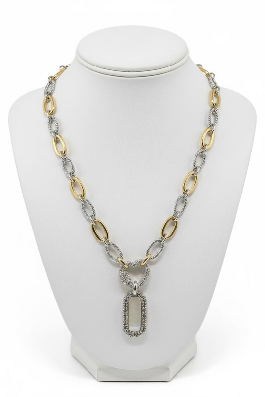 14K Gold Plated Pave’ Paved Stones Heart and Tag Necklace, MOP