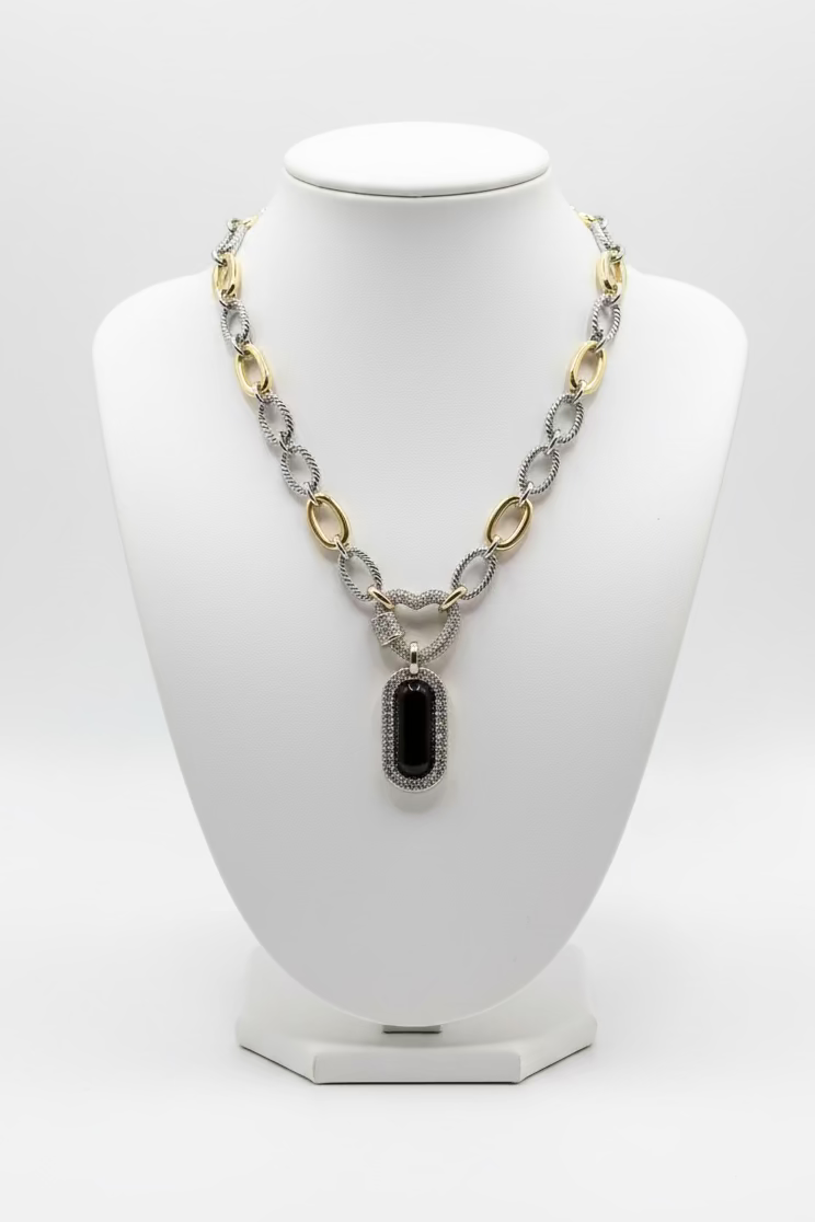 14K Gold Plated Pave’ Paved Stones Heart and Tag Necklace, Black