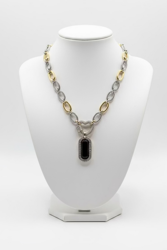 14K Gold Plated Pave’ Paved Stones Heart and Tag Necklace, Black
