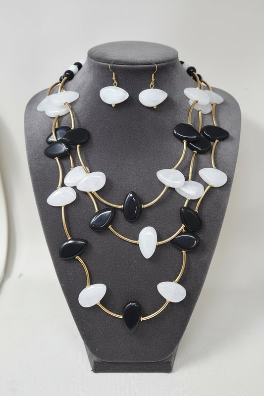 Stone Layered Necklace, Black/White