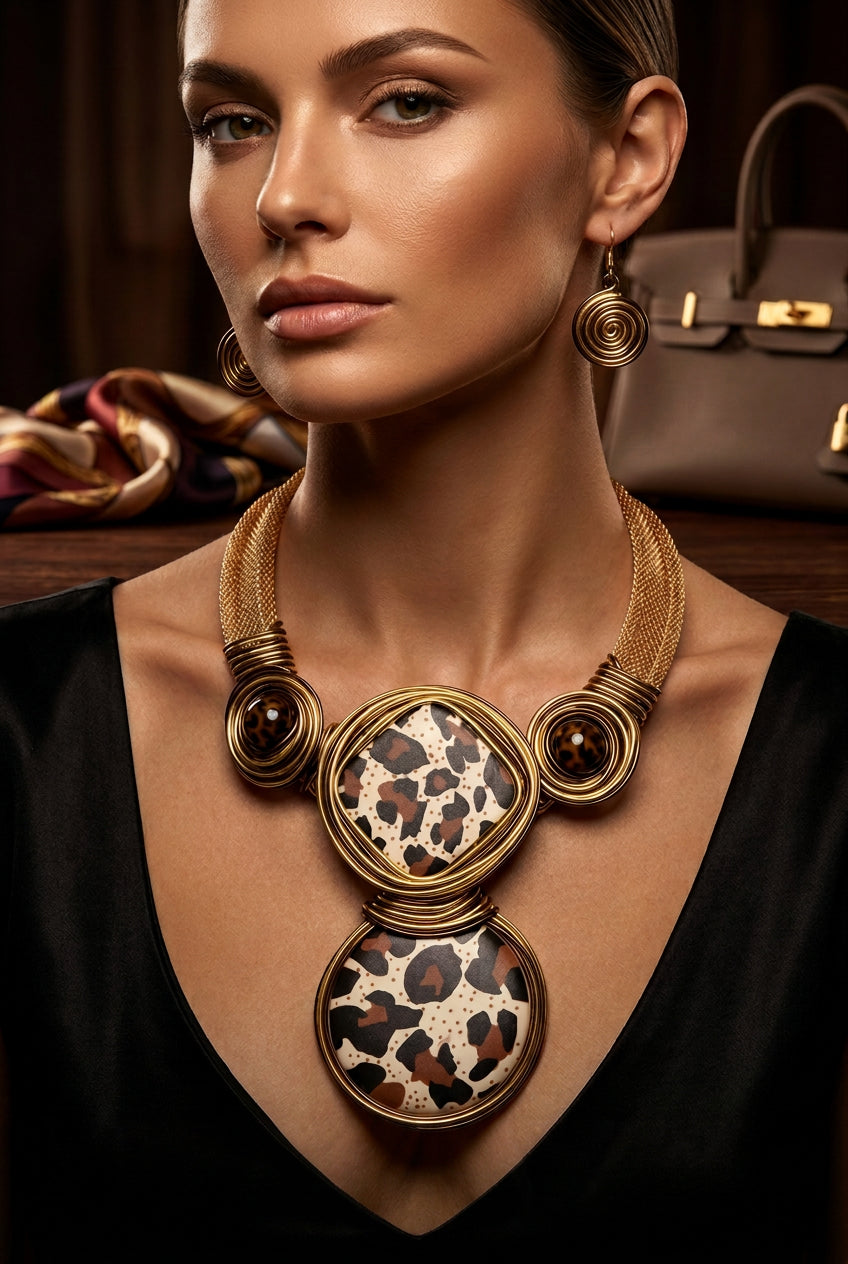 Leopard Design Statement Necklace and Earrings Set