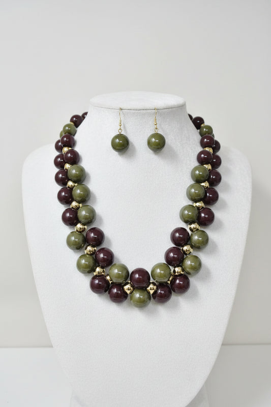 Chunky Ball Beaded Statement Necklace Set, Brown Violent