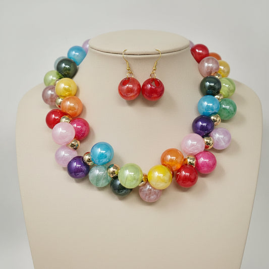 Chunky Ball Beaded Statement Necklace Set, Gold Muti