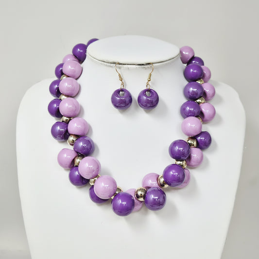 Chunky Ball Beaded Necklace Set, Purple