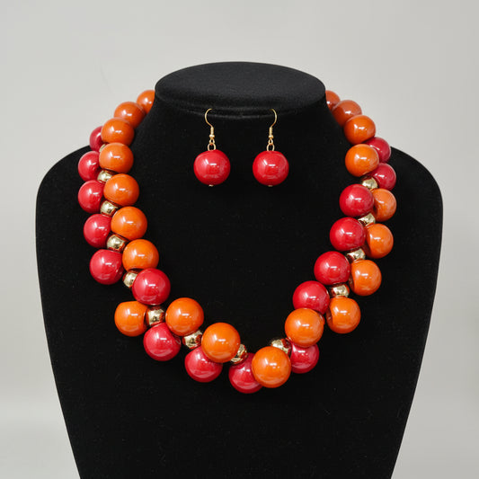 Chunky Ball Beaded Necklace Set, Orange