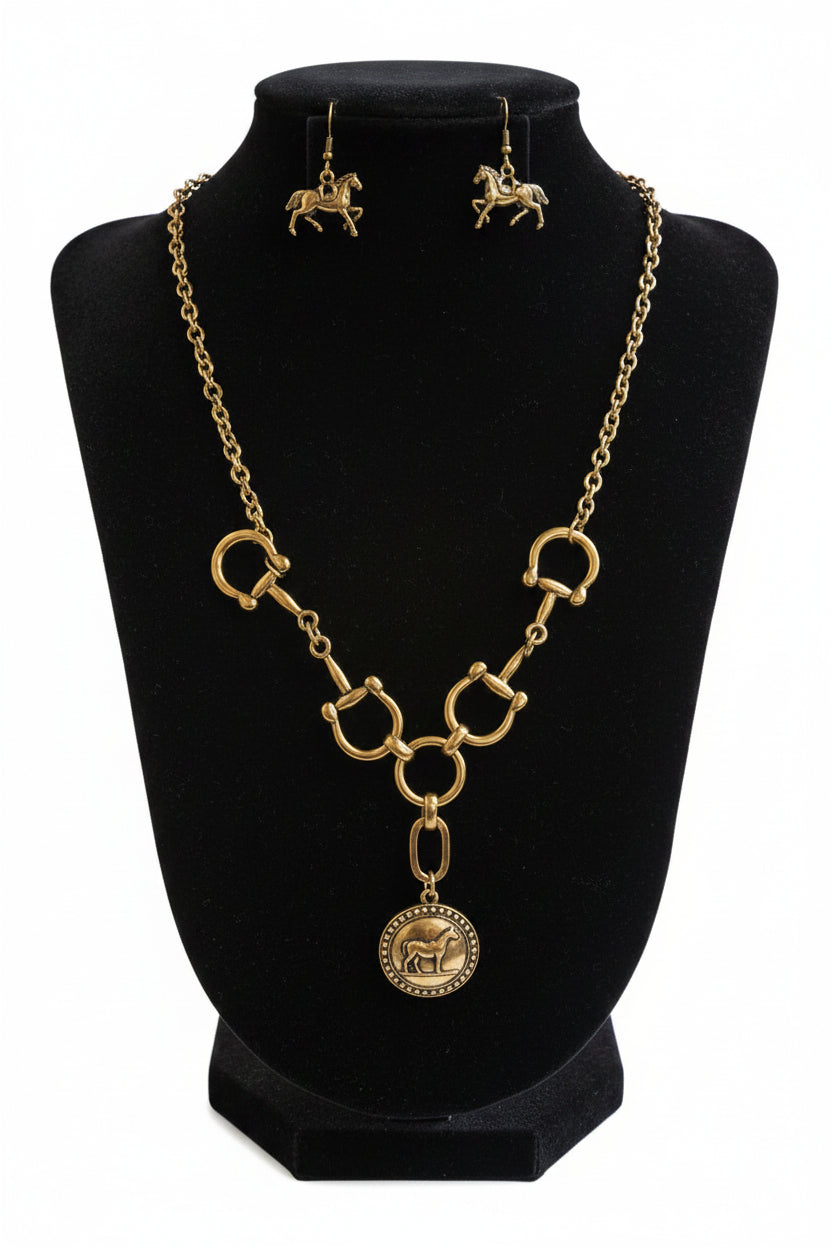 Horse Engraved Charm Pendant Necklace and Earring Set