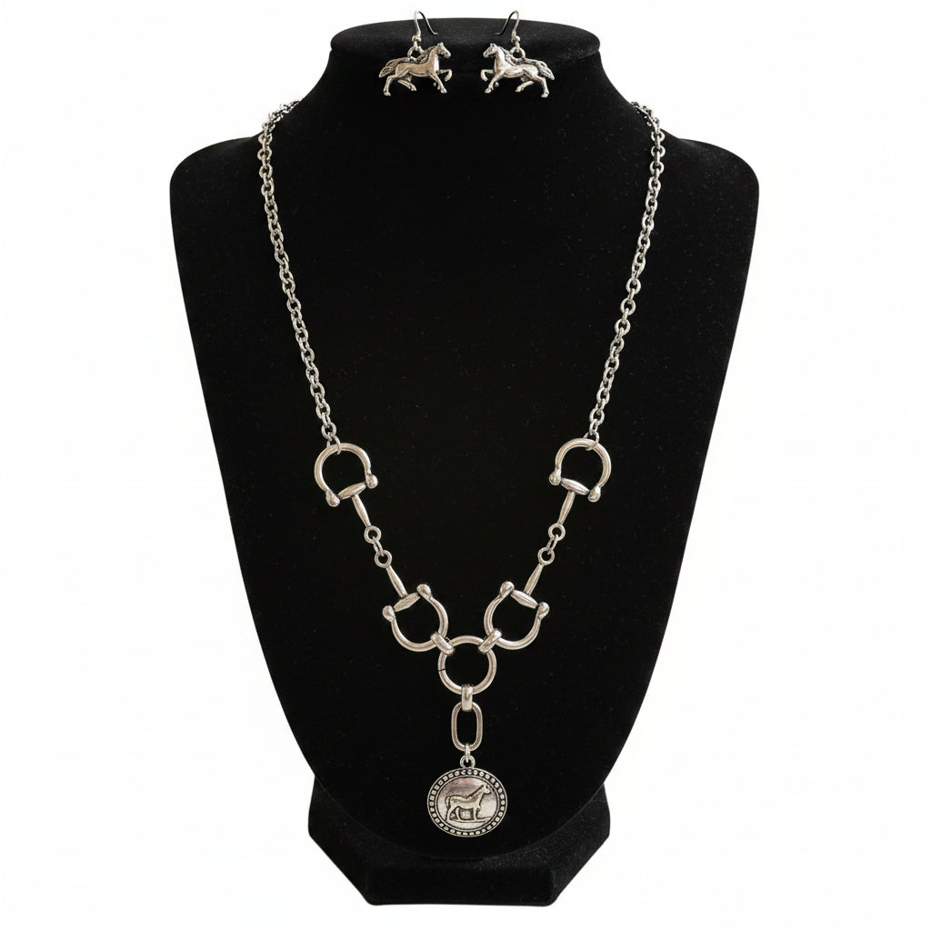 Horse Engraved Charm Pendant Necklace and Earring Set