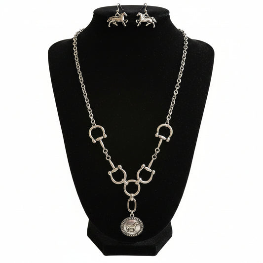 Horse Engraved Charm Pendant Necklace and Earring Set