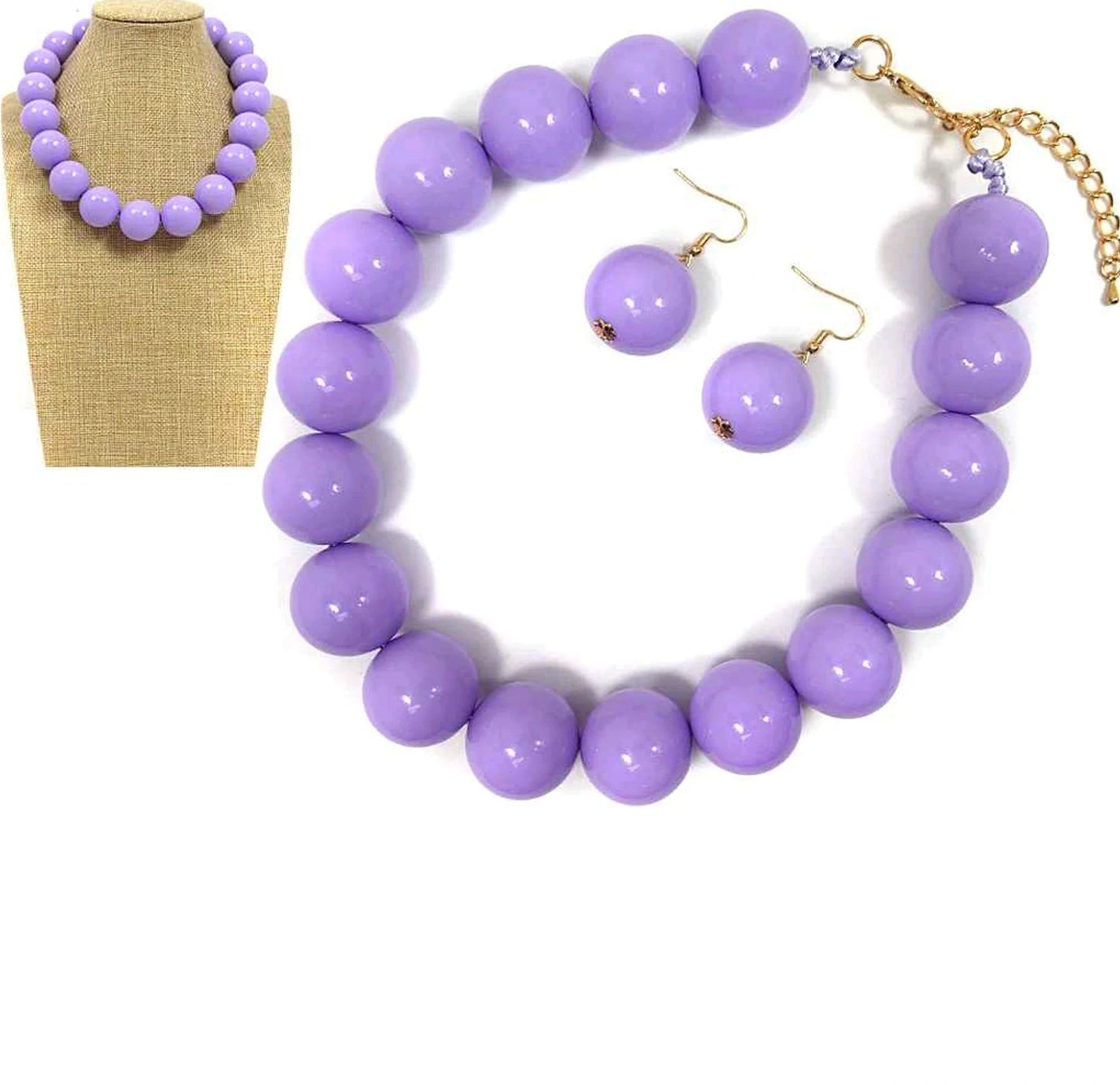 Large Ball Beaded Necklace and Earrings Set, Lavender