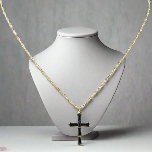 BLACK RHINESTONE PENDANT NECKLACE, GOLD