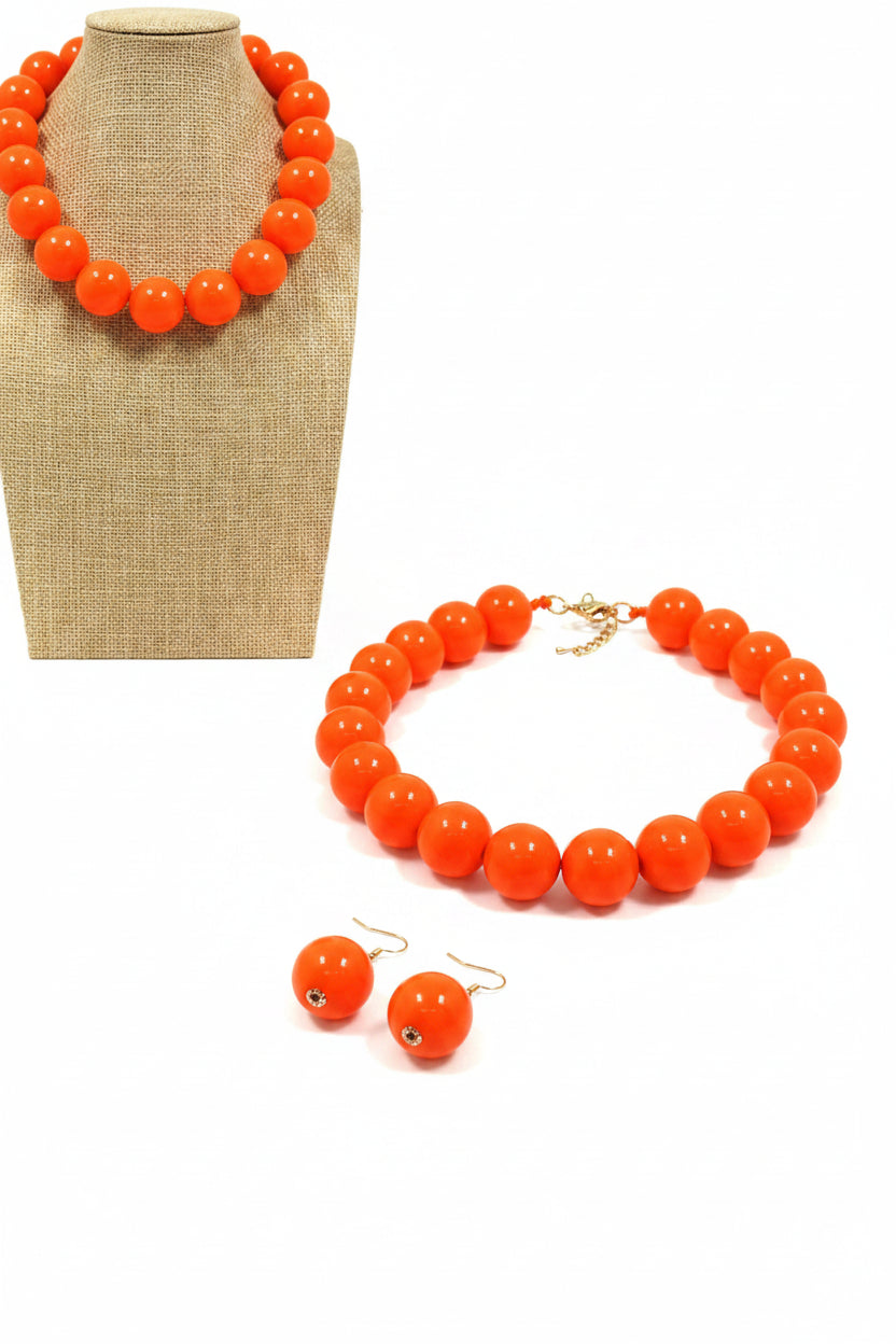 Large Beaded Ball Necklace and Earrings Set, Orange