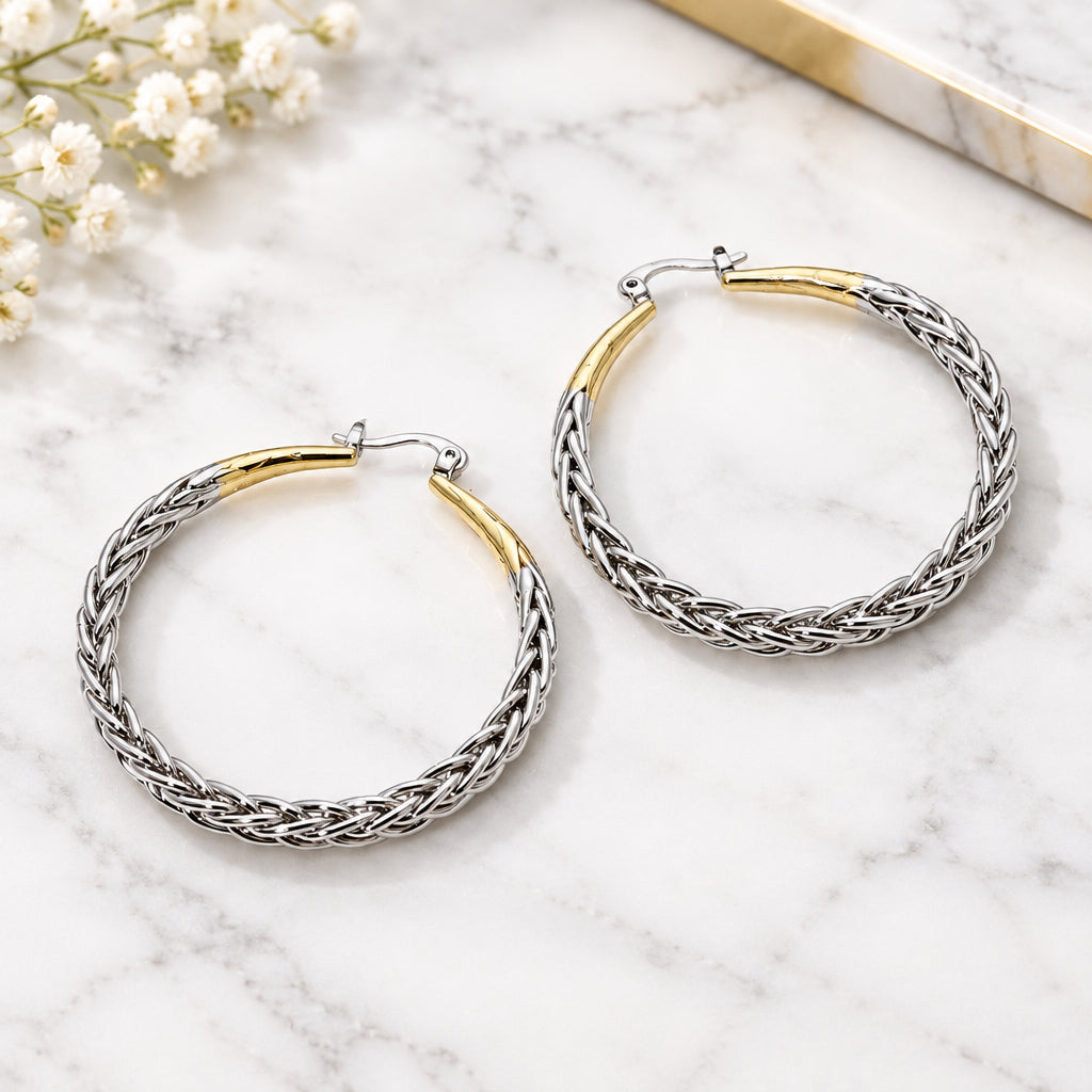 14K Gold Plated Two Tone Braided Hoop Earrings