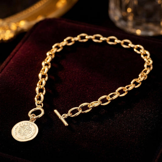14K Gold Plated Cross Embossed Coin Toggle Necklace