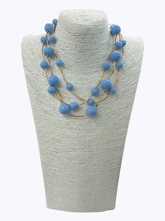 Light Blue Triple Strand Ball Beaded Necklace