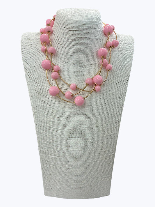 Pink Triple Strand Ball Beaded Necklace