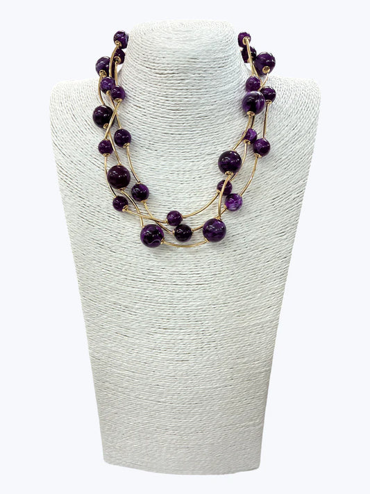 Purple Triple Strand Ball Beaded Necklace