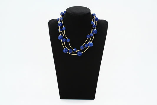 Gold Blue Triple Strand Ball Beaded Necklace