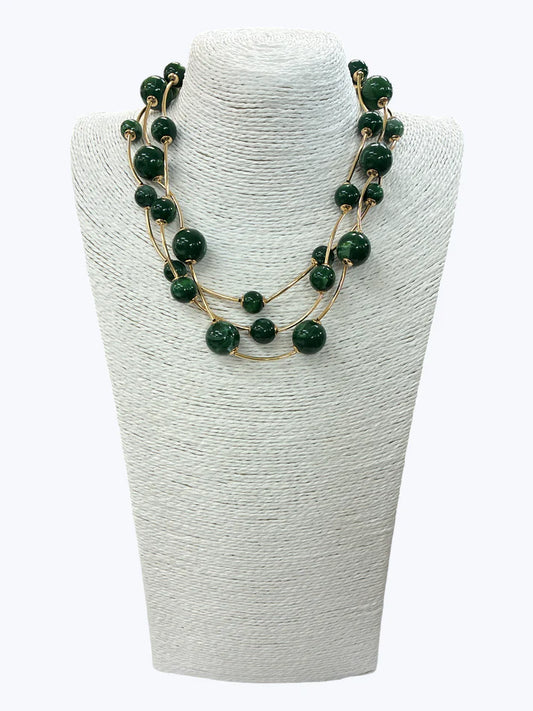 Green Triple Strand Ball Beaded Necklace