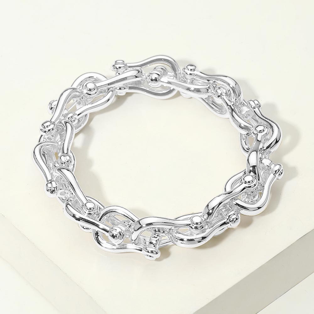 14K Gold Platedt Bold Link Stretch Bracelet, Silver