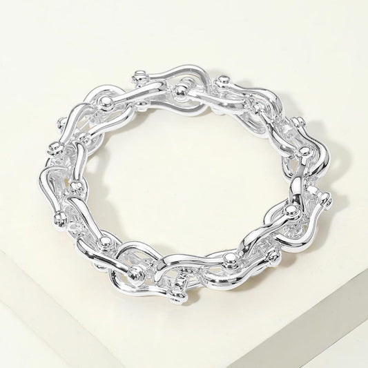 14K Gold Platedt Bold Link Stretch Bracelet, Silver