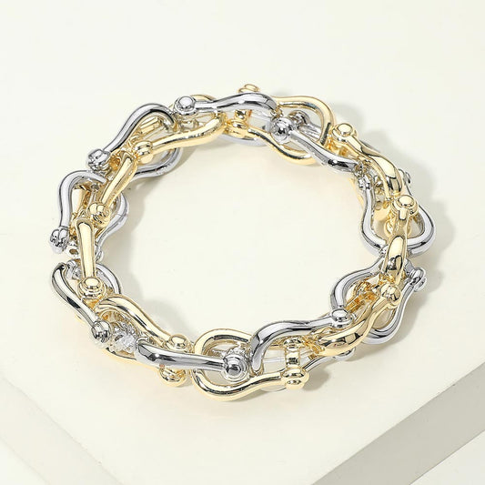 14K Gold Plated Bold Link Stretch Bracelet, Two Tone