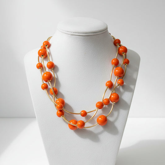 Orange Triple Strand Ball Beaded Necklace