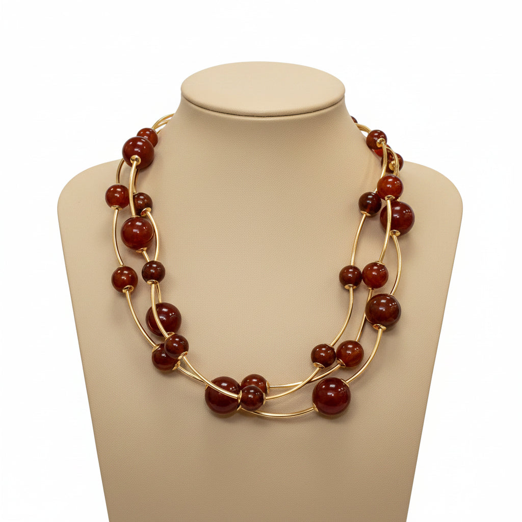 Brown Triple Strand Ball Beaded Necklace
