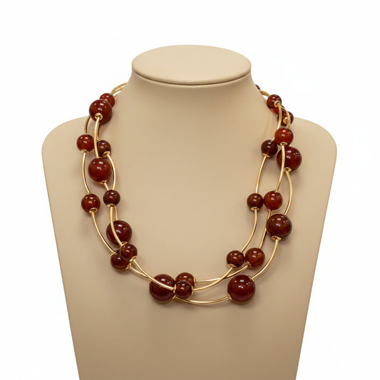 Brown Triple Strand Ball Beaded Necklace
