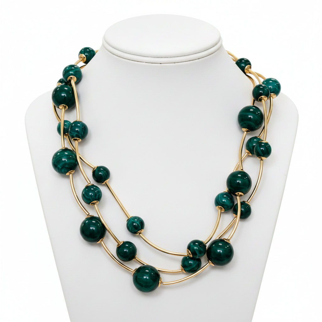 Teal Triple Strand Ball Beaded Necklace
