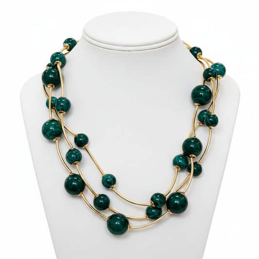 Teal Triple Strand Ball Beaded Necklace