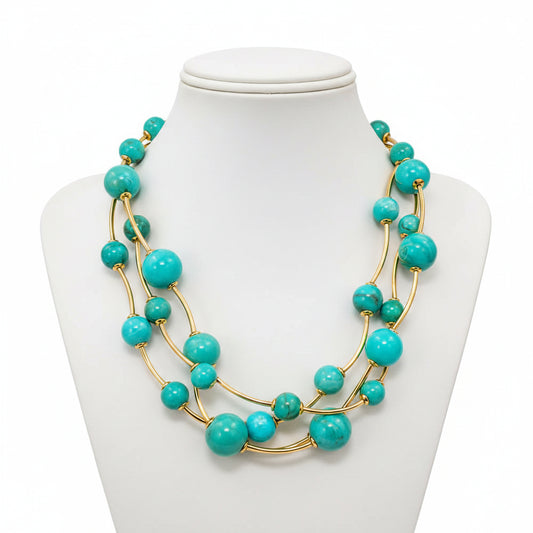 Turqoise Triple Strand Ball Beaded Necklace