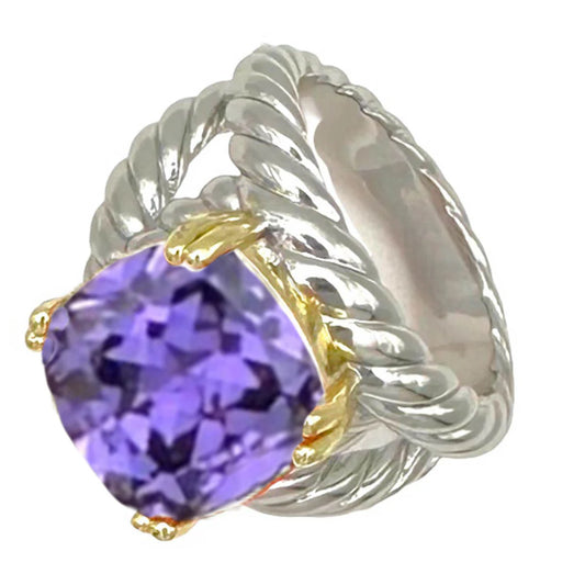 Two-Tone Ring with Amethyst Stone, Size 9