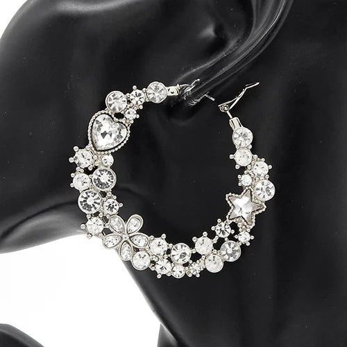 Heart and Star Accent Hoop Earrings, Silver