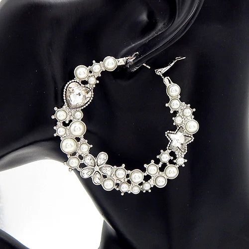 Heart and Star Accent Hoop Earrings, White Pearls